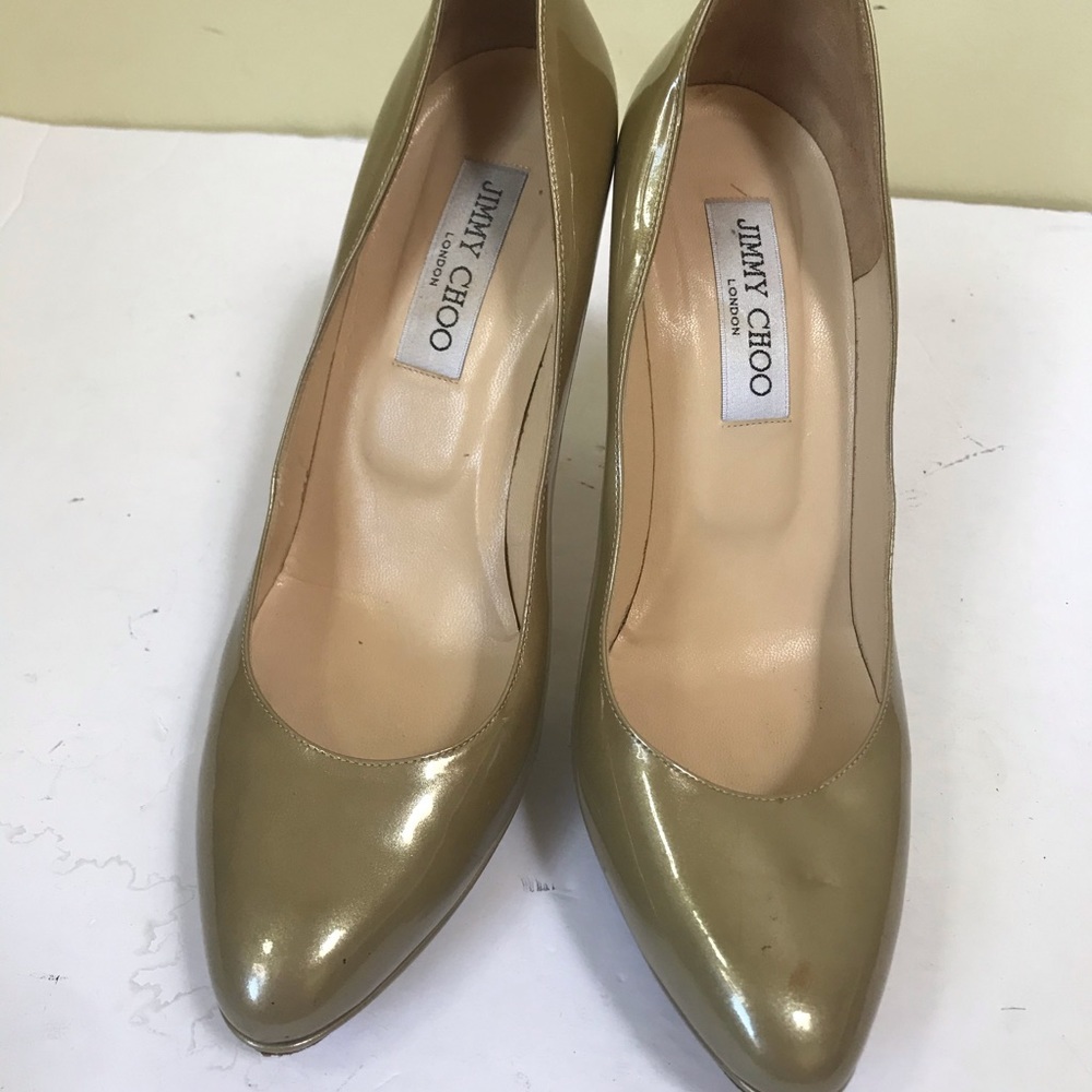 Jimmy Choo Patent Beige Platform Heels Pumps Shoes Almond Toe Wedge Heel Sexy - Picture 6 of 16